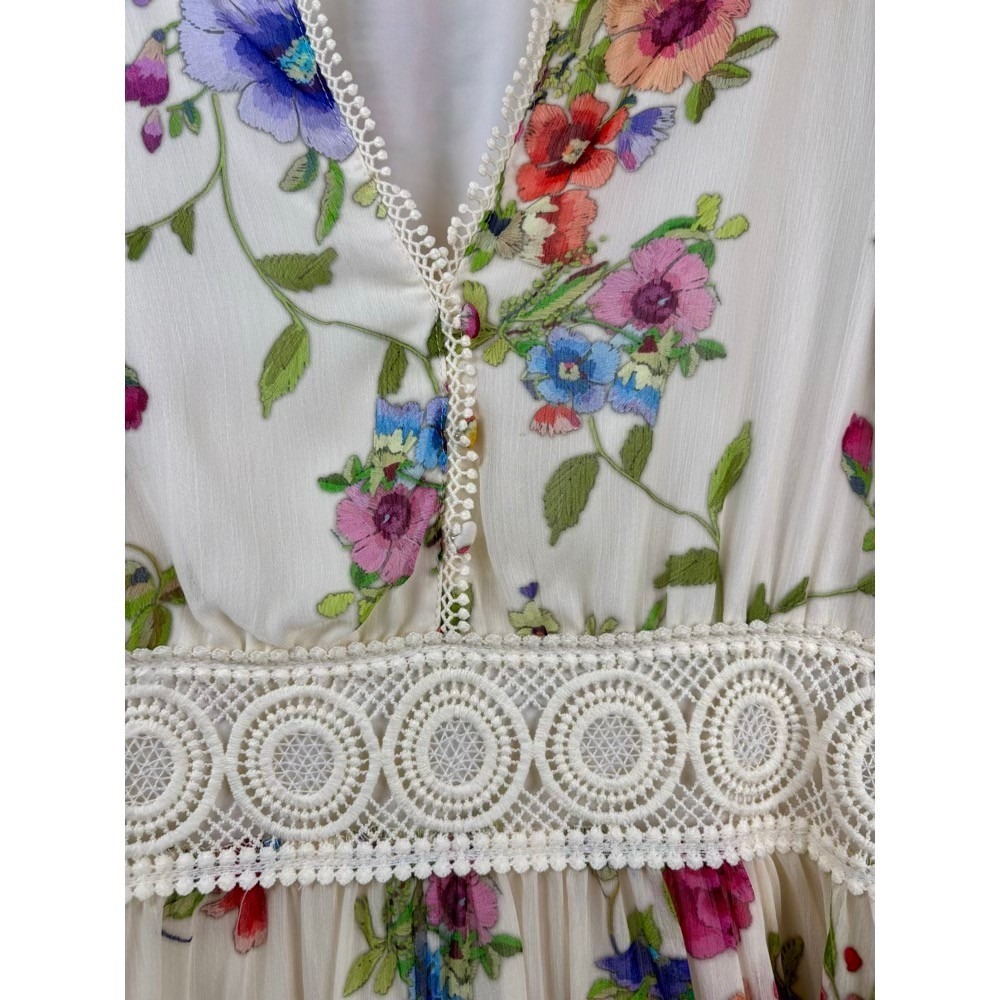 Avec Les Filles Floral Mini Dress 6 Cream Crochet  Balloon Sleeve Wedding Guest - Picture 3 of 16